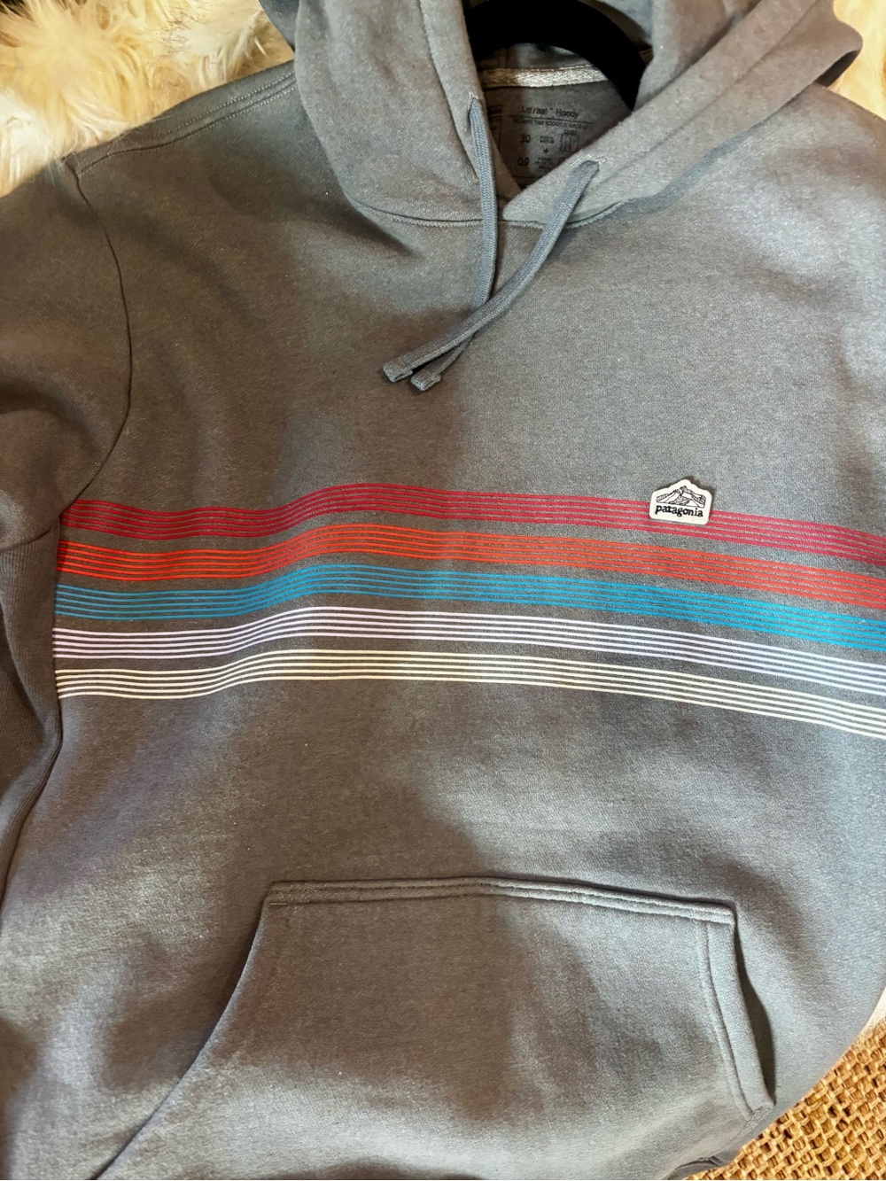 Patagonia Men’s Uprisal Gray Hoodie with Multicolor Stripe Detail Large